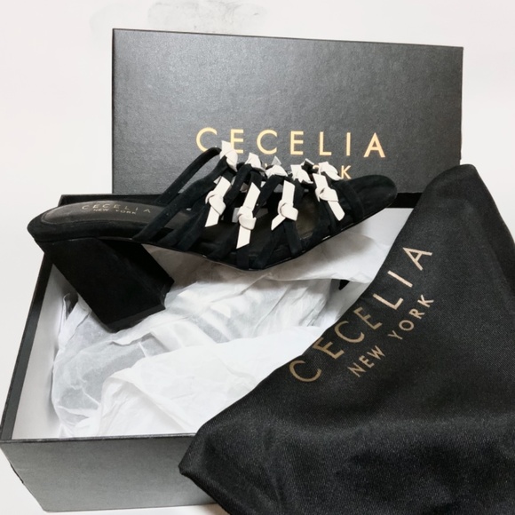 Cecelia New York Rickee Caged Black White Leather Block Heel Sandal Mules Pump 7 - Picture 6 of 10